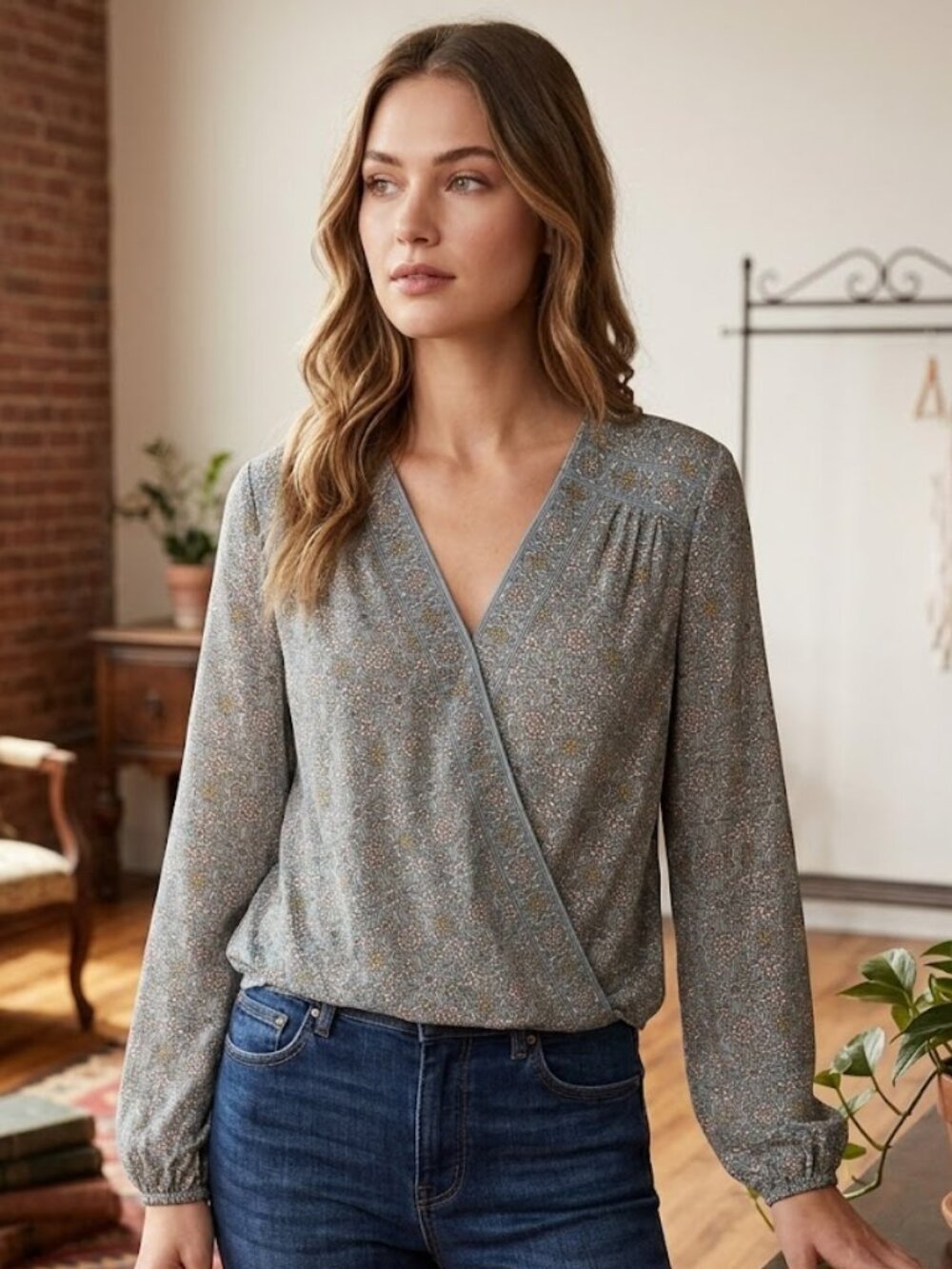 Max Studio Dusty Blue Floral Wrap Top with Cream and Mustard Accents